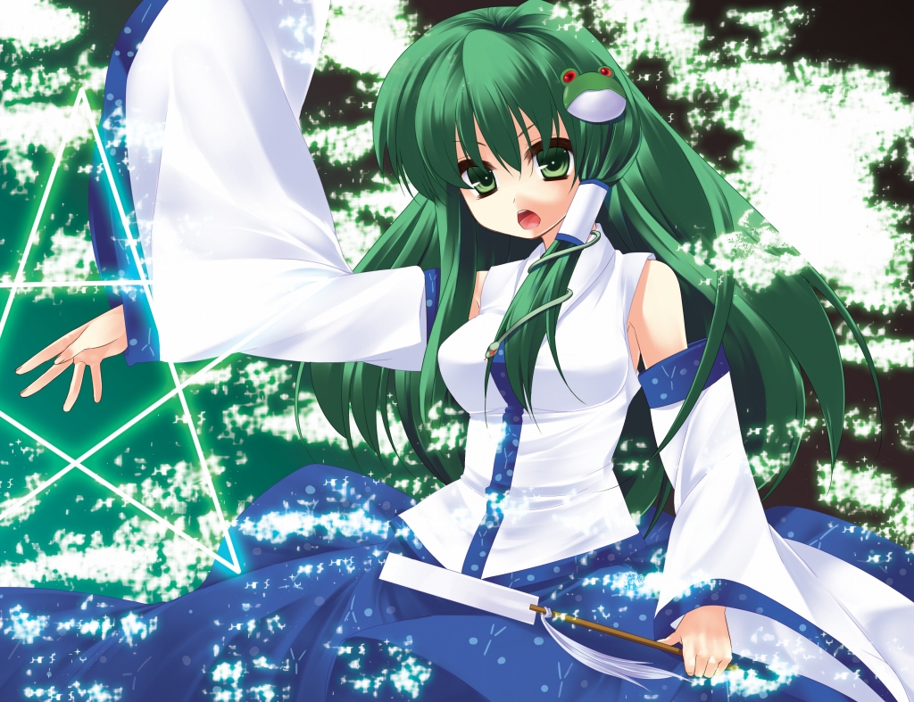 nigo (aozoragarou), kochiya sanae, touhou, 1girl, bare shoulders, breasts, detached sleeves, female focus, frog, gohei, green eyes, green hair, hair ornament, large breasts, long hair, matching hair/eyes, oonusa, pentagram, snake, solo, star (symbol)