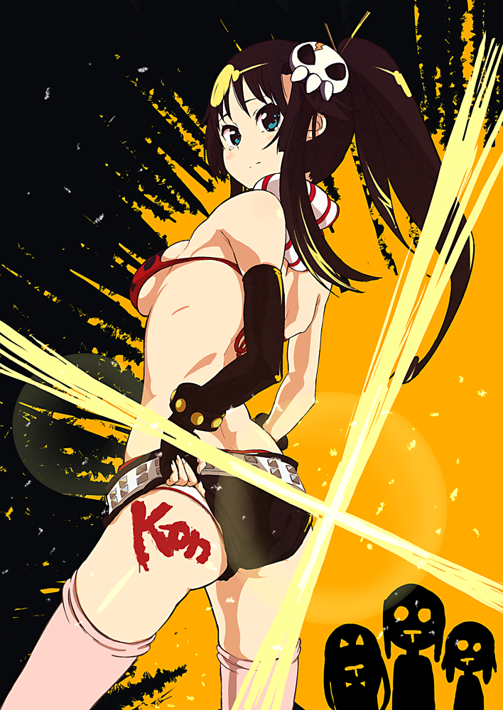 iku ki, akiyama mio, hirasawa yui, kotobuki tsumugi, tainaka ritsu, yoko littner, k-on!, tengen toppa gurren lagann, bad id, bad pixiv id, 4girls, ass, bare shoulders, belt, bikini, bikini top only, blue eyes, body writing, bodypaint, breasts, brown hair, butt crack, cosplay, elbow gloves, gloves, ho-kago tea time, long hair, looking back, multiple girls, panties, parody, pink thighhighs, ponytail, scarf, short shorts, shorts, sideboob, single glove, skull, small breasts, studded belt, swimsuit, tears, thighhighs, underboob, underwear, yoko littner (cosplay)