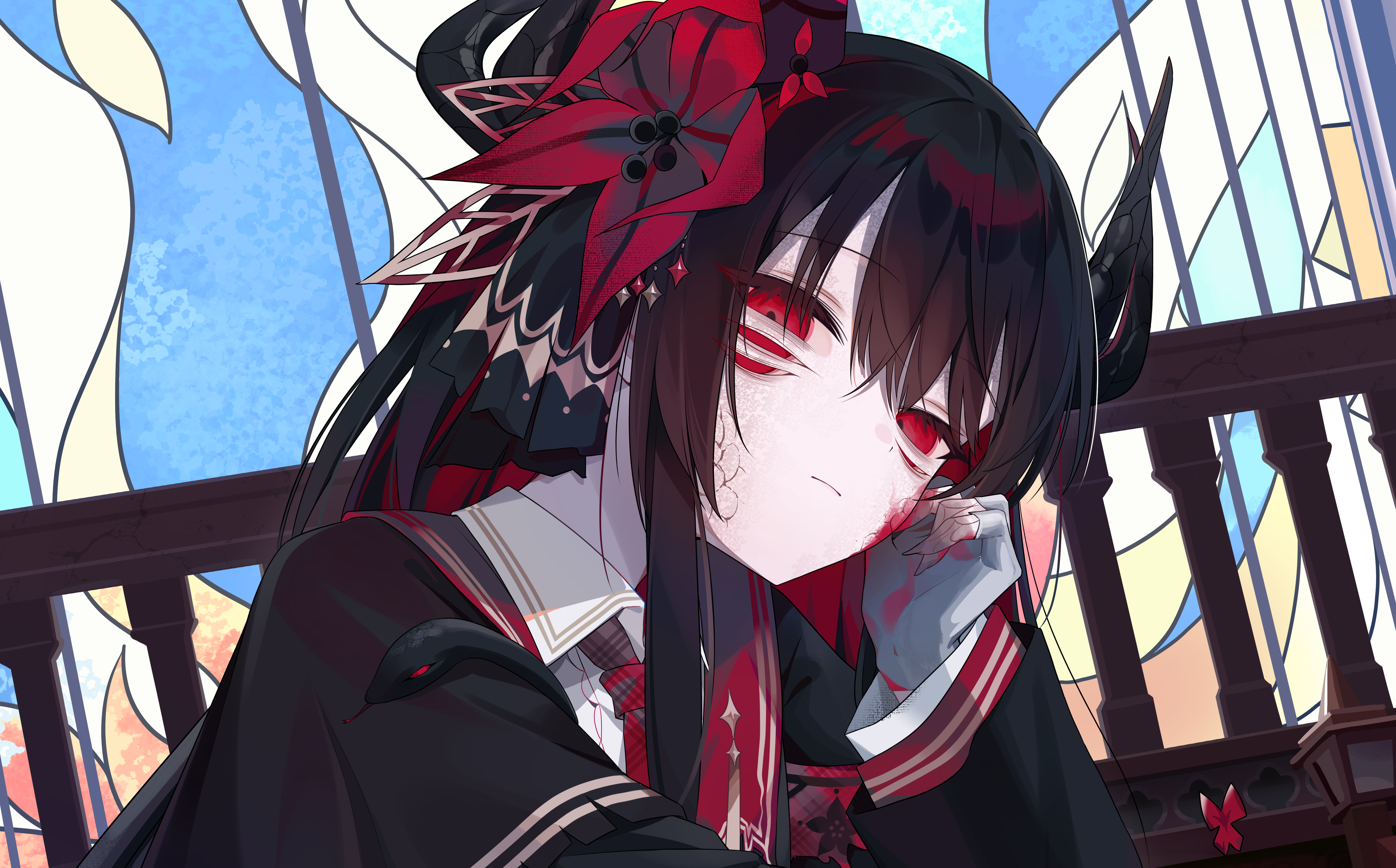 nikaido hiro, mahou shoujo no majo saiban, absurdres, highres, spoilers, 1girl, black capelet, black hair, black horns, blood, blood on face, capelet, closed mouth, demon horns, extra eyes, extra horns, fingernails, flower, hair flower, hair ornament, hand on own cheek, hand on own face, horns, long hair, long sleeves, looking at viewer, necktie, pale skin, red eyes, red flower, red necktie, sanjiao hanshu, sharp fingernails, solo, stained glass, upper body