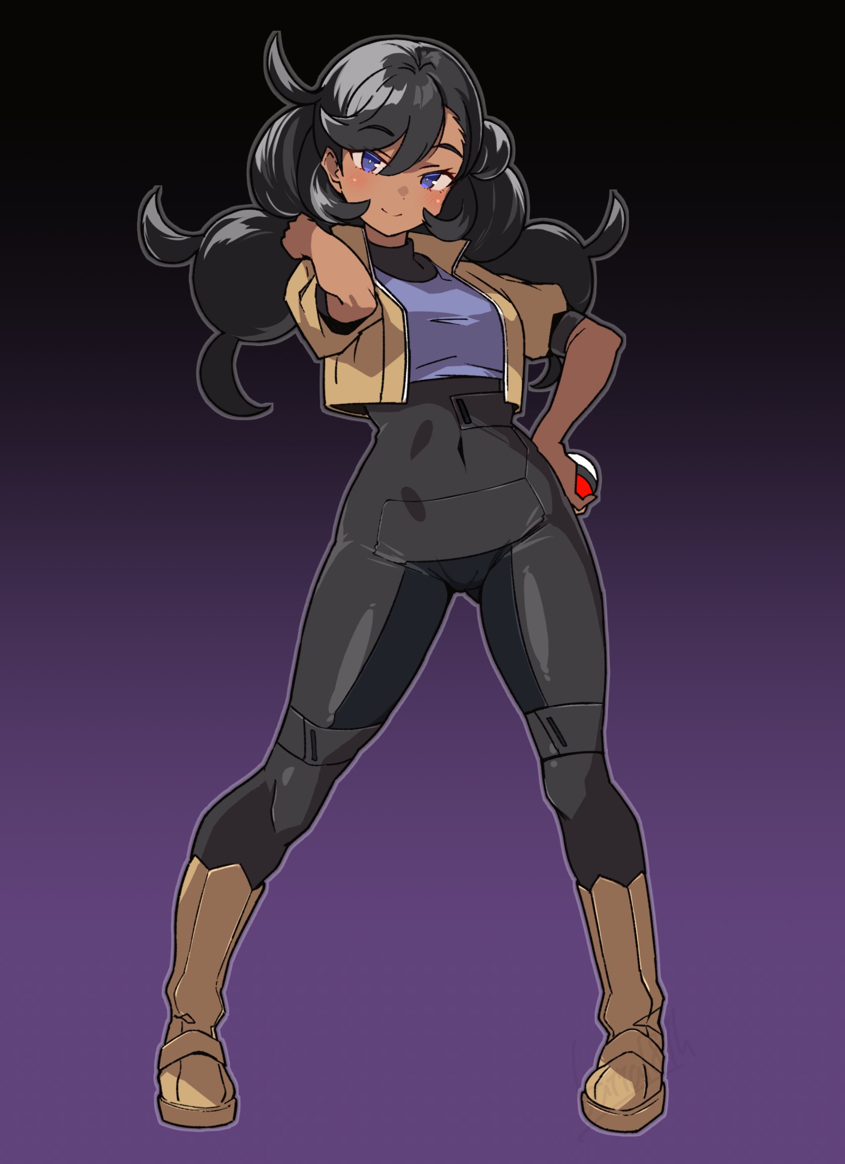 batta 16-sei, emma (pokemon), nintendo, pokemon, pokemon xy, highres, 1girl, black bodysuit, black hair, blue eyes, blush, bodysuit, boots, brown boots, brown vest, full body, hand on own hip, long hair, looking at viewer, poke ball, simple background, smile, standing, twintails, vest