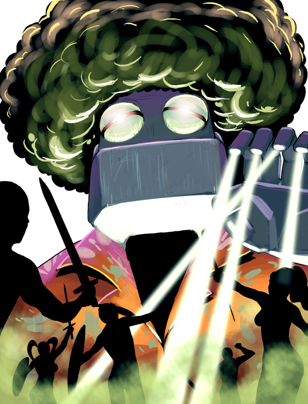 kouno (masao), pixiv fantasia, pixiv fantasia 3, bad id, bad pixiv id, 2girls, 3boys, afro, battle, clothed robot, hawaiian shirt, laser, multiple boys, multiple girls, robot, shirt, sword, weapon