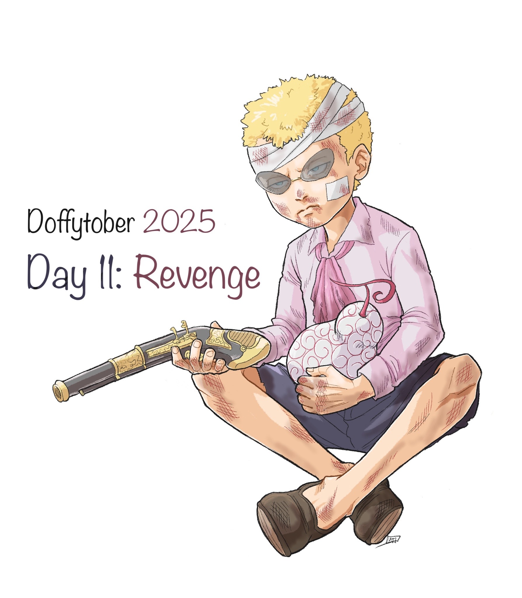 donquixote doflamingo, one piece, highres, 1boy, aged down, ascot, bandaged head, bandages, bandaid, bandaid on face, black shorts, blonde hair, blue eyes, crossed legs, devil fruit, english text, gun, holding, holding gun, holding weapon, injury, inktober, male focus, pink ascot, pink shirt, serious, shirt, short hair, shorts, sitting, sunglasses, tuquidflamingo, weapon, white background