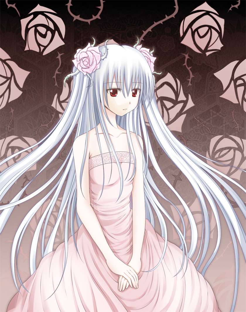 mazakura senju, original, silver hair, bad id, bad pixiv id, bare shoulders, collarbone, dress, flower, long hair, pink dress, red eyes, rose, solo, strapless, strapless dress, very long hair