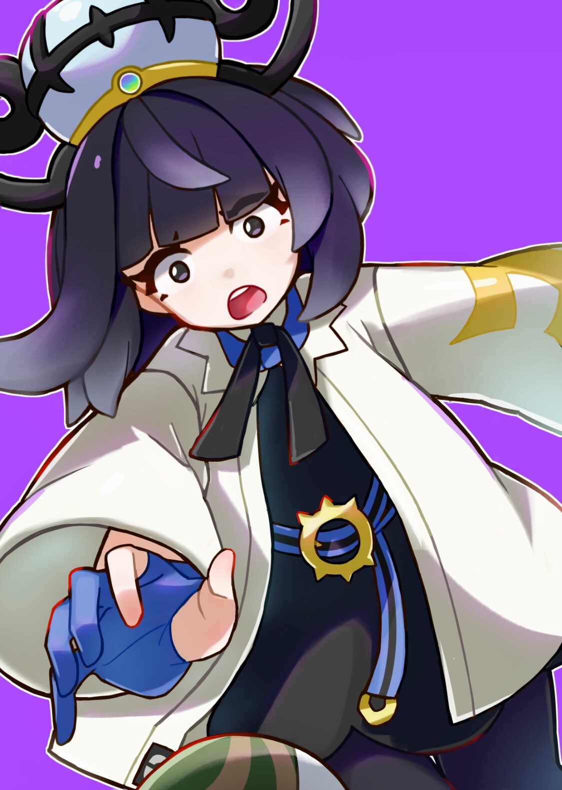 meta-g (curc8737), gwynn (pokemon), nintendo, pokemon, pokemon legends: z-a, highres, 1girl, :o, belt, belt buckle, black dress, black eyes, black hair, black pantyhose, blunt bangs, buckle, coat, dress, dropped object, dropping, gloves, hat, long sleeves, nest ball, o-ring, o-ring belt, open clothes, open coat, open mouth, outline, pantyhose, partially fingerless gloves, purple dress, short hair, solo, teeth, upper teeth only, white coat, white outline