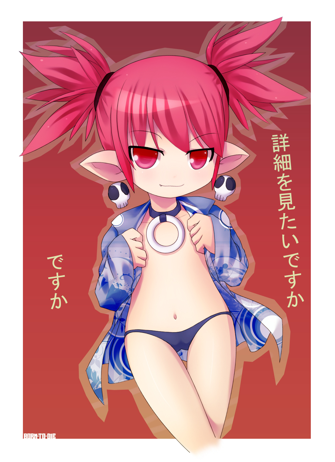 born-to-die, etna (disgaea), disgaea, nippon ichi, artist request, highres, 1girl, blouse, collar, demon girl, earrings, fang, female focus, flat chest, jewelry, loli, looking at viewer, navel, no bra, open clothes, open shirt, panties, pointy ears, red eyes, red hair, shirt, smile, solo, underwear