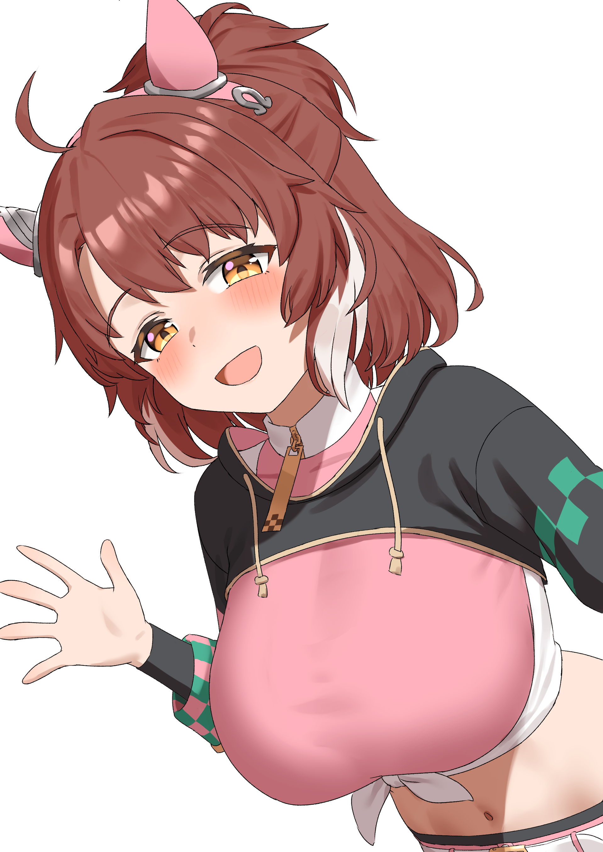 factory314, dantsu flame (center spotlight) (umamusume), dantsu flame (umamusume), umamusume, absurdres, commentary request, highres, 1girl, :d, animal ears, blush, breasts, brown hair, ear covers, horse ears, horse girl, large breasts, looking at viewer, midriff, navel, open mouth, simple background, smile, solo, white background, yellow eyes