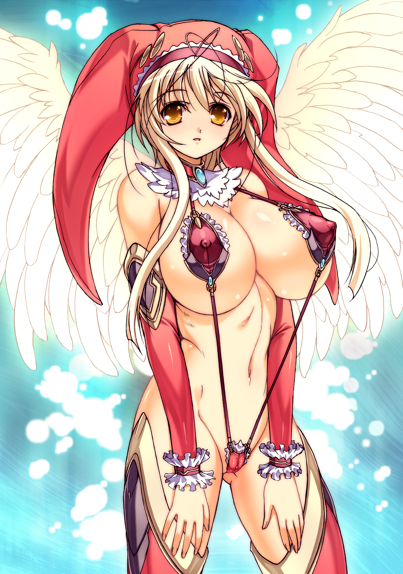 ishida hiroyuki, original, highres, 1girl, angel, angel wings, bikini, blonde hair, breasts, cameltoe, covered erect nipples, detached sleeves, female focus, hat, huge breasts, jester cap, long hair, nipples, puffy nipples, slingshot swimsuit, solo, swimsuit, thighhighs, wedgie, wings, yellow eyes