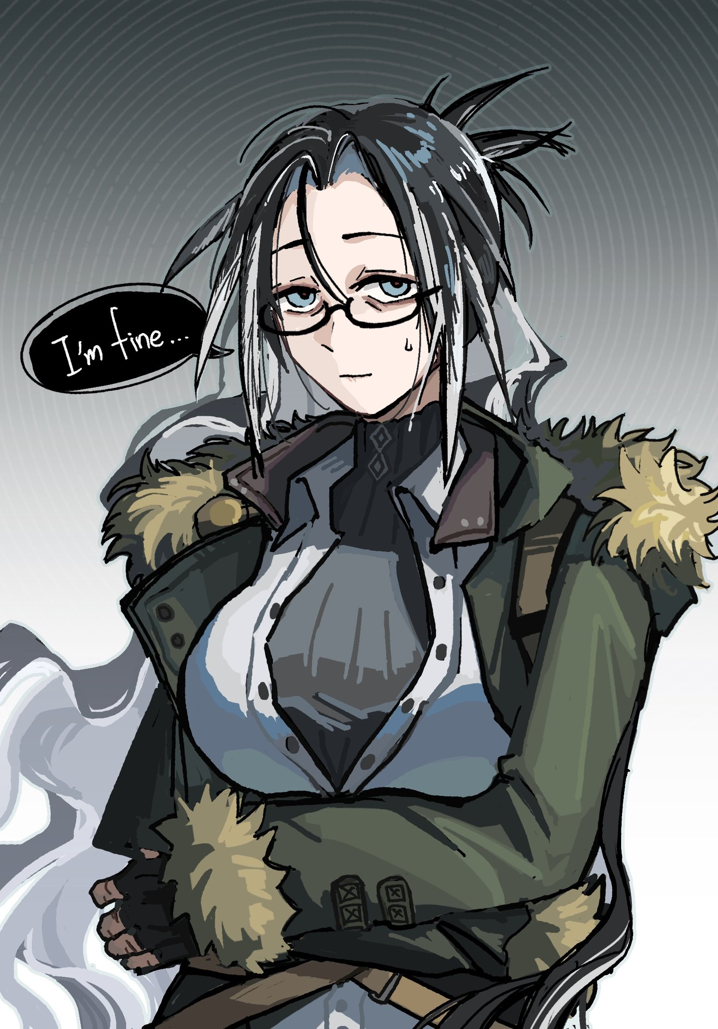 yuec, snegurochka (arknights), arknights, commentary request, highres, 1girl, bags under eyes, bird girl, black hair, blue eyes, breasts, coat, english text, feather hair, fur trim, glasses, green coat, large breasts, long hair, long sleeves, looking at viewer, messy hair, multicolored hair, red pupils, shirt, solo, speech bubble, turtleneck, white hair