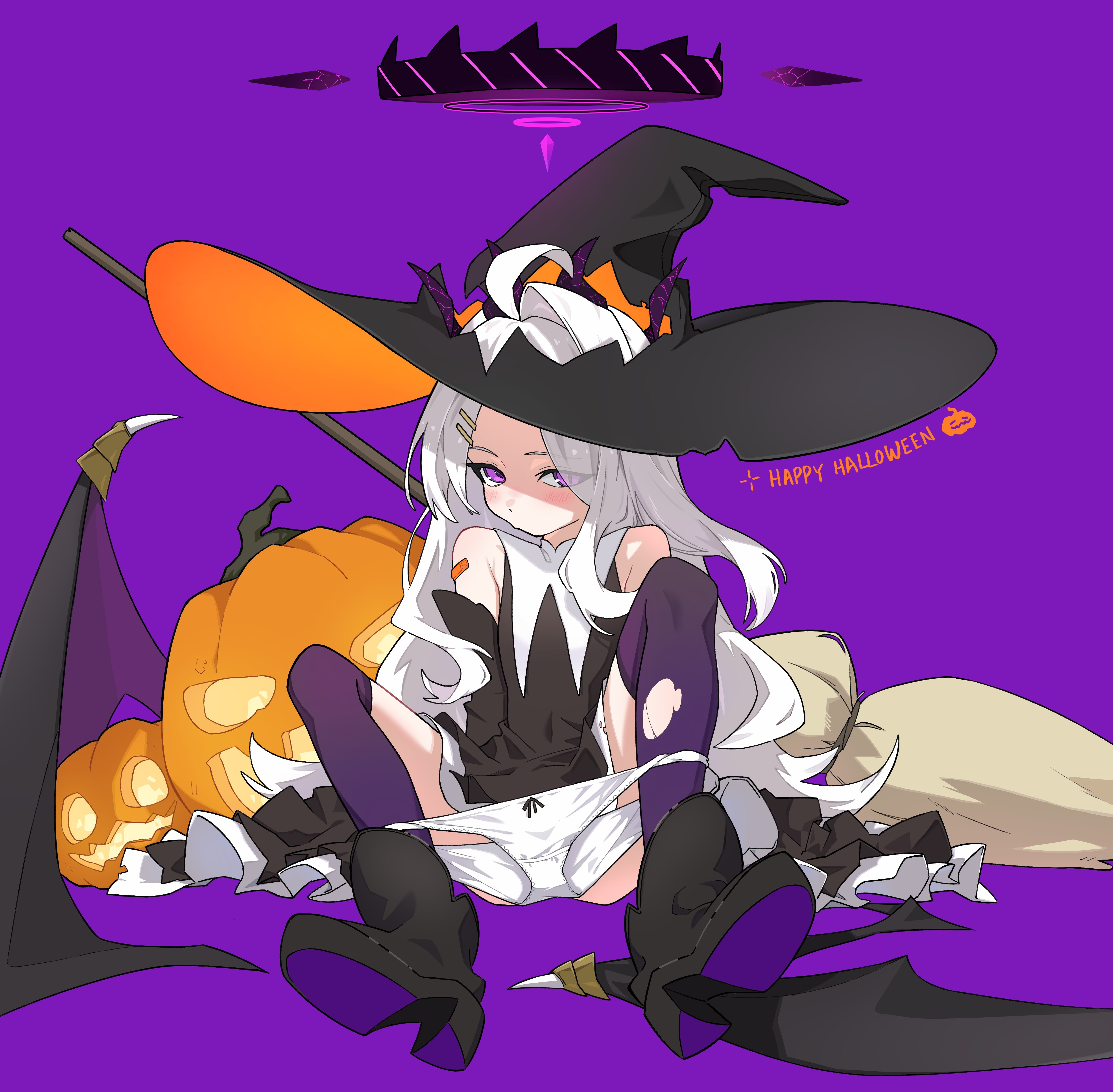 hina (blue archive), blue archive, absurdres, highres, 1girl, bikini bottom pull, black halo, blush, demon girl, demon horns, demon wings, halloween, halo, hat, horns, kasahara 154, long hair, looking at viewer, low wings, panties, panty pull, pumpkin, purple background, purple eyes, simple background, sitting, underwear, very long hair, white hair, white hat, white panties, wings