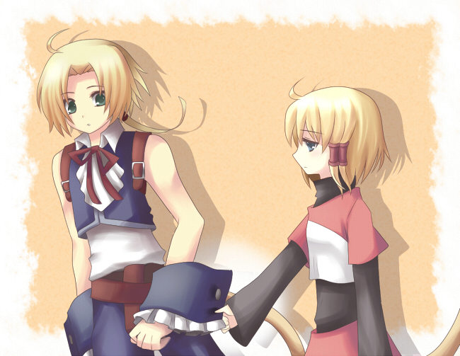 mayachi (amuriya), rate (pixiv), mikoto (ff9), mikoto (ffix), zidane tribal, final fantasy, final fantasy ix, bad id, bad pixiv id, 00s, 1boy, 1girl, blonde hair, brother and sister, green eyes, long hair, ponytail, sad, short hair, siblings, tail