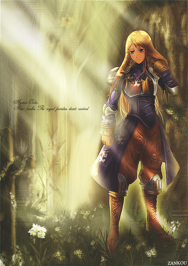 jisper2002, agrias oaks, final fantasy, final fantasy tactics, bad id, bad pixiv id, 1girl, armor, blonde hair, female focus, gloves, hair down, knight, long hair, nature, outdoors, solo, yellow eyes