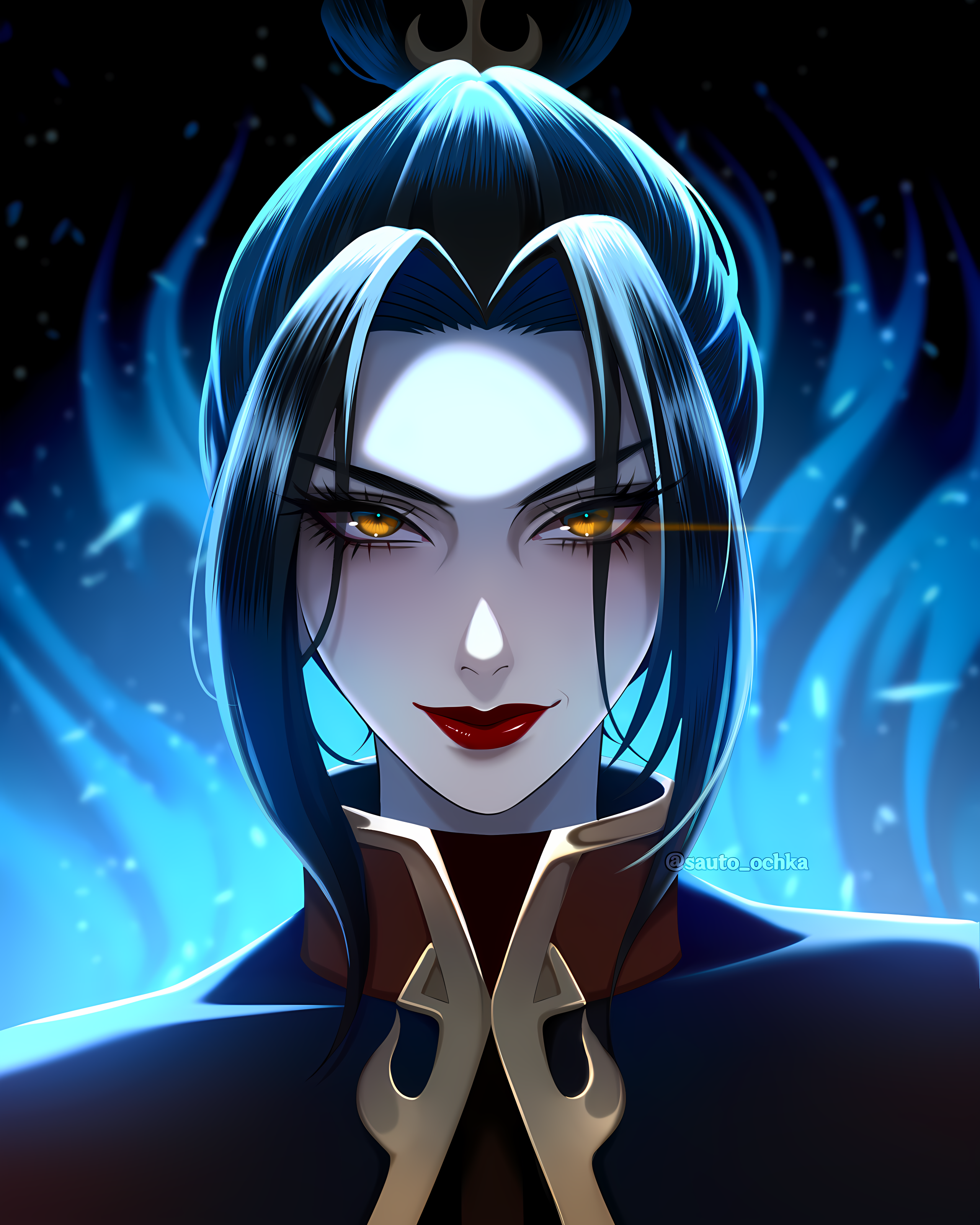 sauto-0chka, azula, avatar: the last airbender, avatar legends, absurdres, highres, non-web source, 1girl, brown eyes, brown hair, eyelashes, hair up, lips, long hair, looking at viewer, red lips, smile, solo