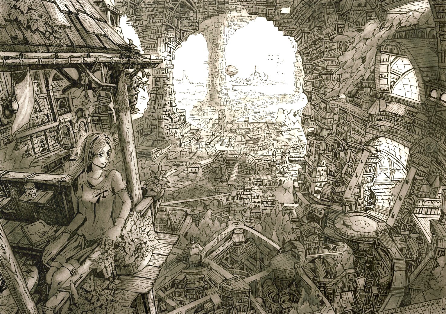 mita mitauzo, original, bad id, bad pixiv id, 1girl, absurdly detailed composition, balcony, city, cityscape, complex exterior, long hair, monochrome, plant, potted plant, scenery, sepia