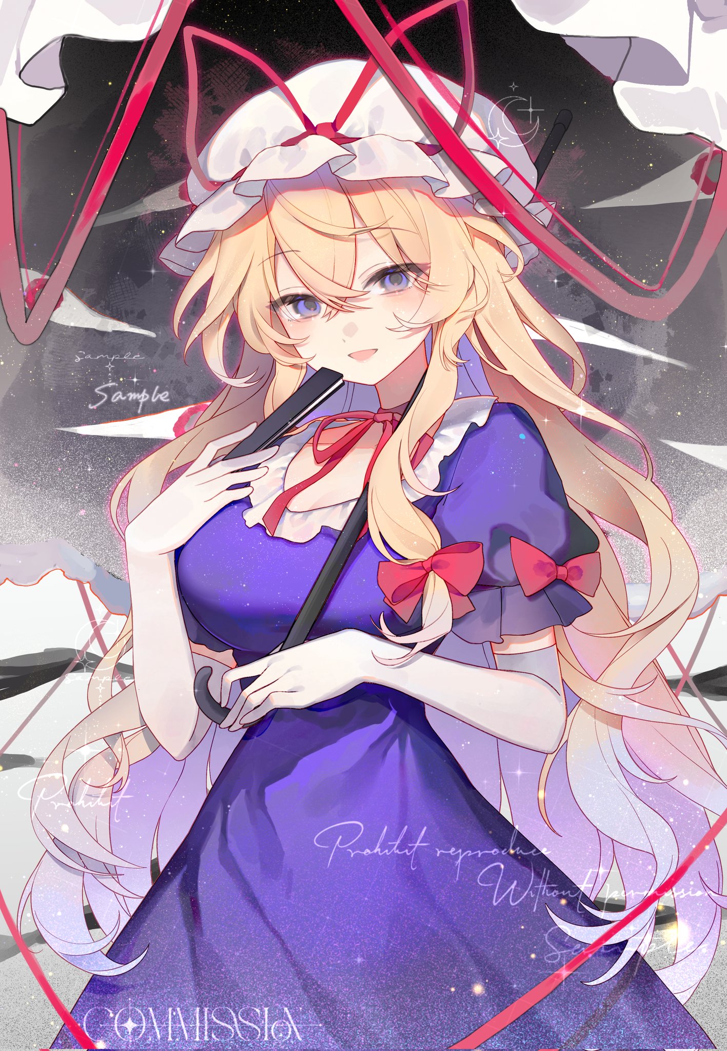 yinco, yakumo yukari, touhou, commentary request, highres, 1girl, :d, blonde hair, bow, cowboy shot, crossed bangs, disembodied eye, double-parted bangs, dress, elbow gloves, folding fan, gap (touhou), gloves, hair between eyes, hair bow, hand fan, hat, hat ribbon, holding, holding fan, holding umbrella, long hair, looking at viewer, mob cap, open mouth, puffy short sleeves, puffy sleeves, purple dress, purple eyes, red bow, red ribbon, ribbon, short sleeves, smile, solo, umbrella, very long hair, watermark, white gloves, white hat