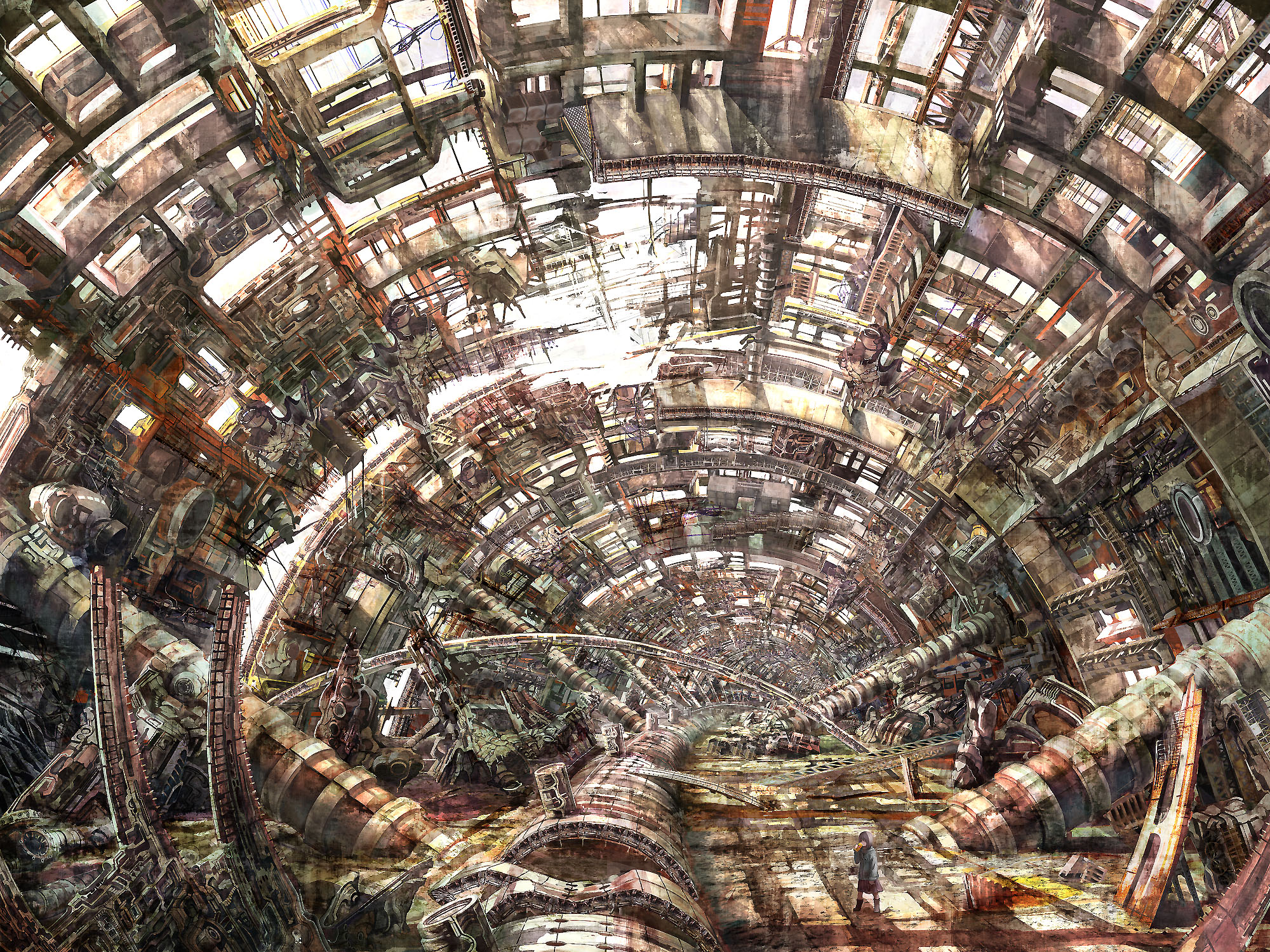 shirakaba, georgia max coffee, original, mechanical, highres, 1girl, brown hair, building, can, coffee, crushing, drinking, female focus, ruins, scenery, science fiction, skirt, solo