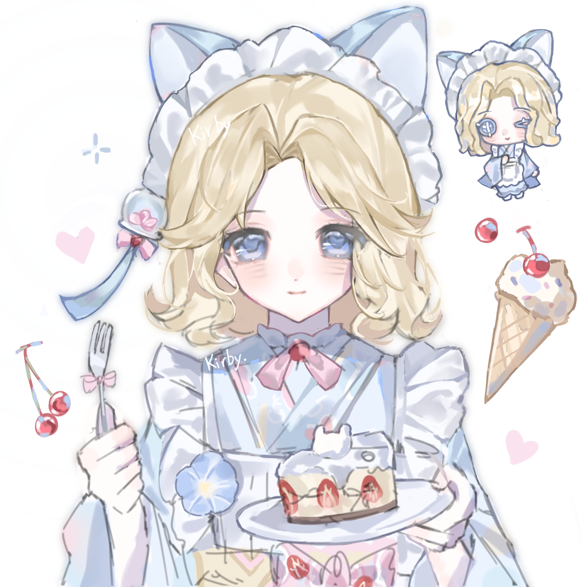 identity v, highres, 1girl, animal ears, apron, artist name, blonde hair, blue eyes, blue flower, blue kimono, blush, bow, bowtie, cake, cake slice, cat ears, cherry, chibi, chibi inset, closed mouth, evelyn mora, fake animal ears, floral print, flower, food, fork, frills, fruit, hair ornament, heart, hibiscus, holding, holding food, holding fork, holding plate, ice cream, japanese clothes, kimono, long sleeves, looking at viewer, maid, maid apron, maid headdress, medium hair, parted bangs, pink bow, pink bowtie, pink ribbon, plate, ribbon, short hair, simple background, smile, solo, spoon, strawberry, strawberry shortcake, upper body, wa maid, white apron, white background, wide sleeves, wind chime, xiamengyao92048