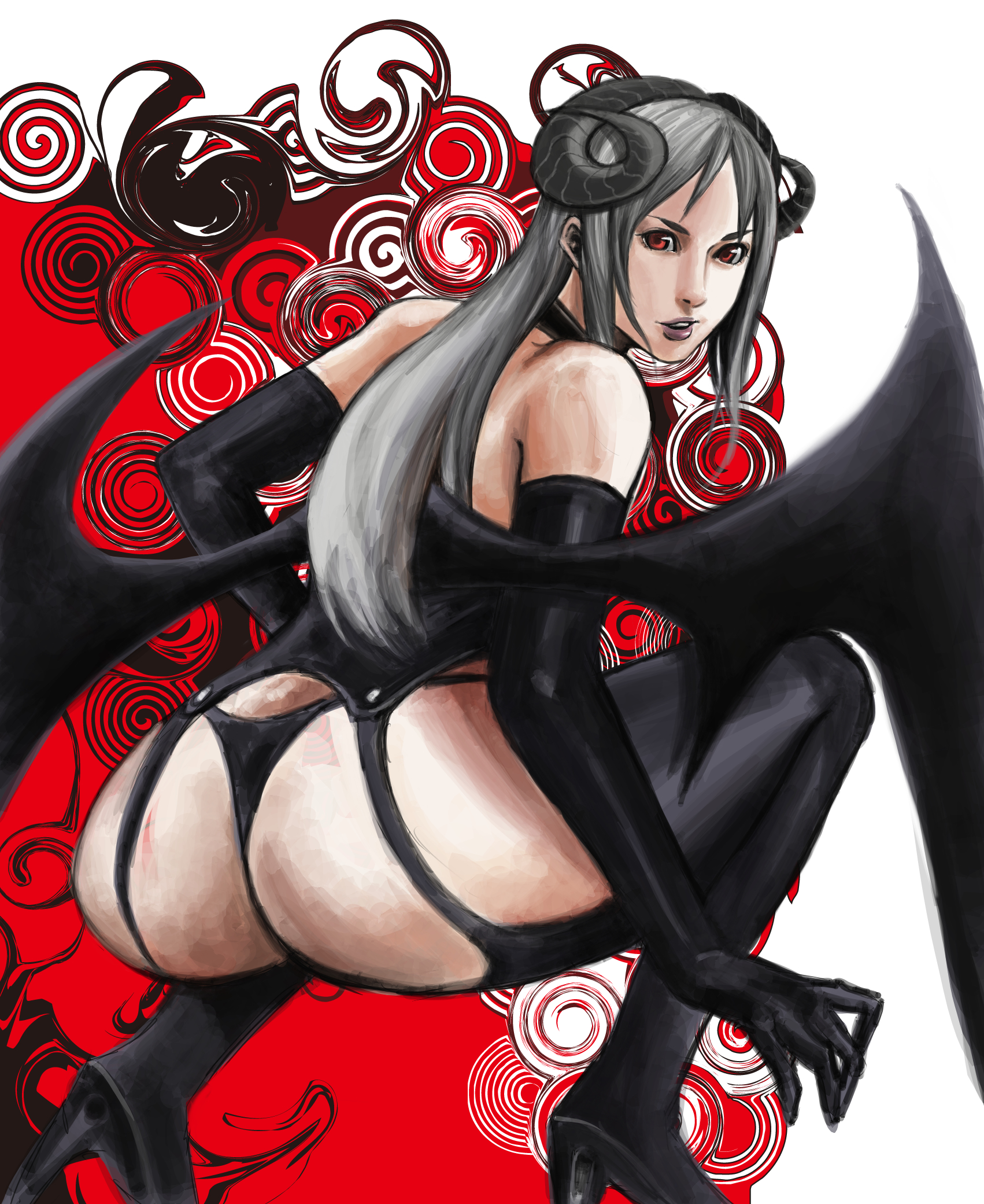 shibusun, bad id, bad pixiv id, highres, 1girl, ass, bat wings, demon girl, elbow gloves, female focus, garter belt, gloves, grey hair, high heels, horns, looking back, panties, red eyes, shoes, solo, squatting, thighhighs, thong, underwear, wings