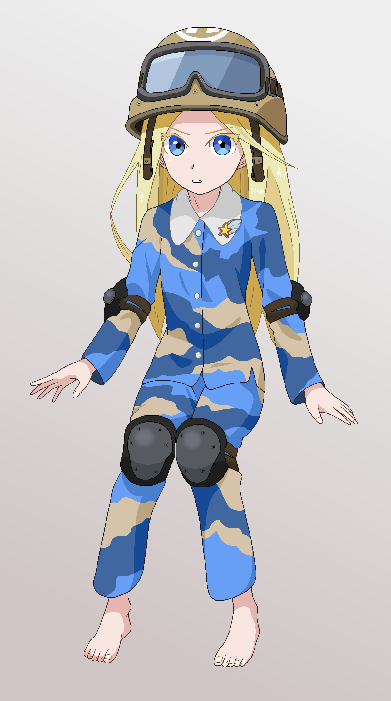 armie buff, ace attorney, phoenix wright: ace attorney – spirit of justice, highres, 1girl, adjusting goggles, blue eyes, blue pajamas, bowler hat, brown helmet, hat, helmet, magnifying glass, massyfs, multiple drawing challenge, pajamas, simple background, solo