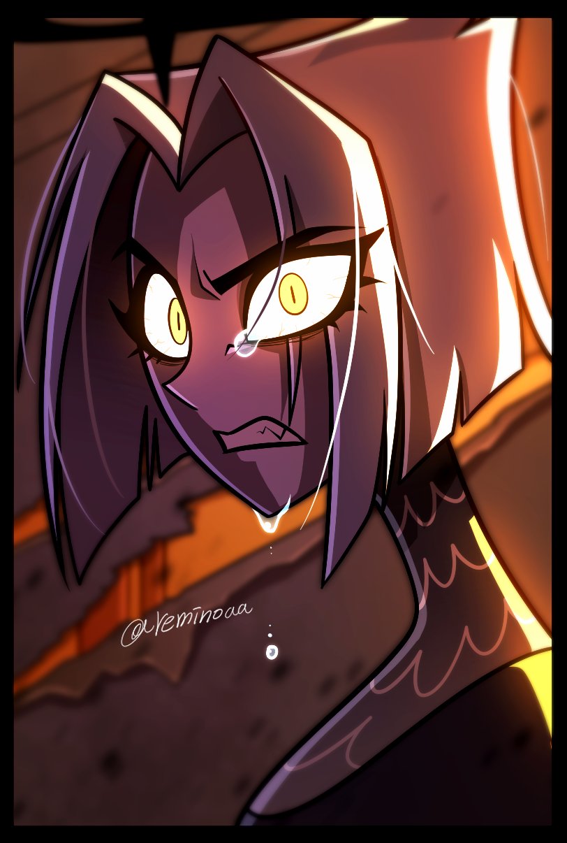 reminoaa, lute (hazbin hotel), hazbin hotel, hellaverse, highres, 1girl, black border, border, clenched teeth, crying, fang, grey hair, parted bangs, portrait, short hair, solo, tears, teeth