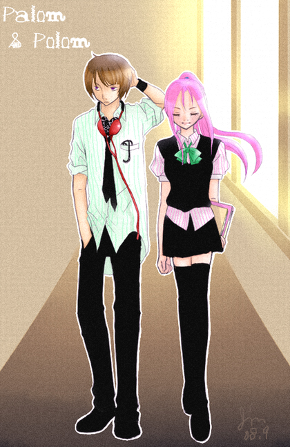 jin69, palom, porom, porom (adult), final fantasy, final fantasy iv, final fantasy iv: the after years, 1990s (style), aged up, brother and sister, casual, character name, closed eyes, contemporary, headphones, long hair, necktie, pink hair, ponytail, retro artstyle, siblings, skirt, thighhighs, twins, zettai ryouiki