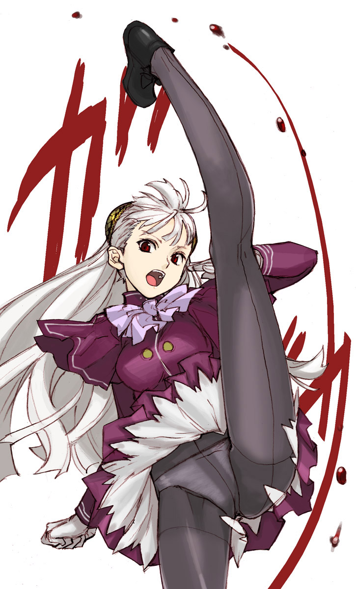tetsu (kimuchi), ingrid (capcom), capcom, capcom fighting jam, highres, 1girl, black shoes, crotch seam, female focus, hairpods, high kick, kicking, legs, long hair, panties, panties under pantyhose, pantyhose, red eyes, shoes, solo, split, standing, standing on one leg, standing split, underwear, white hair