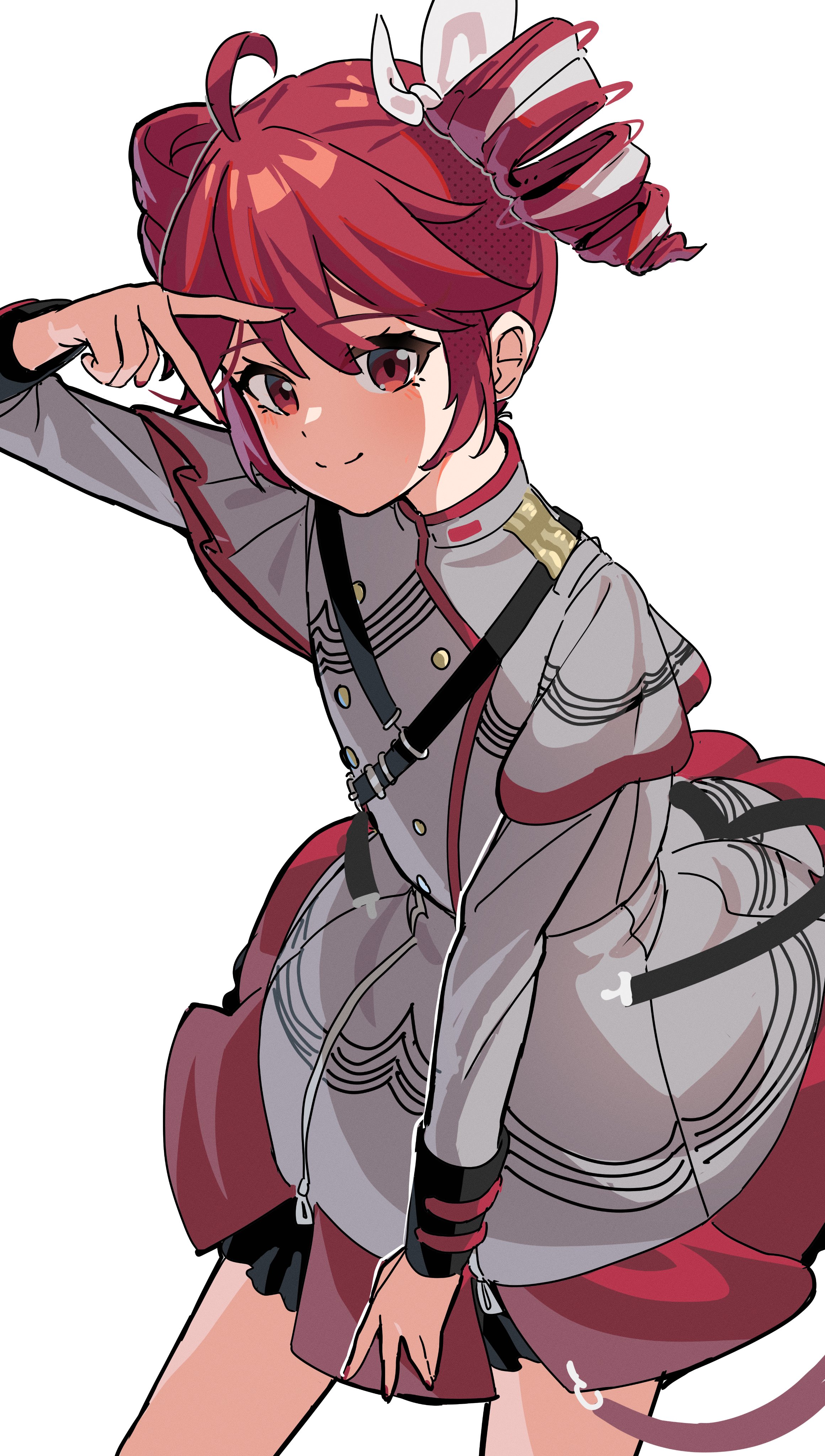 dunggeul dunggeul, kasane teto, kasane teto (sv), synthesizer v, absurdres, commentary, hashtag-only commentary, highres, symbol-only commentary, 1girl, ahoge, arm up, ben-day dots, bow, buttons, closed mouth, cowboy shot, drill hair, grey jacket, grey skirt, hair between eyes, hair bow, jacket, long sleeves, looking at viewer, red eyes, red hair, screentones, simple background, skirt, smile, solo, split mouth, standing, twin drills, v, white background, white bow