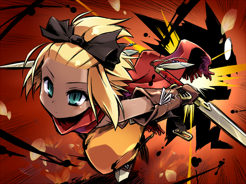 redrantem, tomoshibi hidekazu, hatch (7th dragon), rogue (7th dragon), 7th dragon, 7th dragon (series), 1girl, blonde hair, dual wielding, female focus, forehead, gloves, green eyes, hair ribbon, high ponytail, holding, ponytail, ribbon, scarf, short hair, solo, sword, weapon