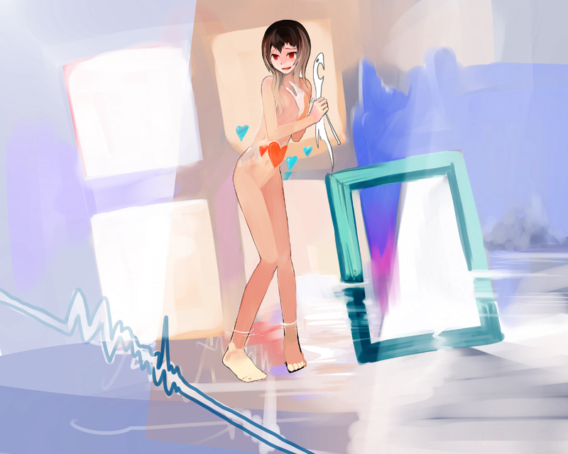 nokuromu, yajiroshi, original, barefoot, brown hair, covering privates, heart, legs together, nude, nude cover, red eyes, solo, sunlight, water, window