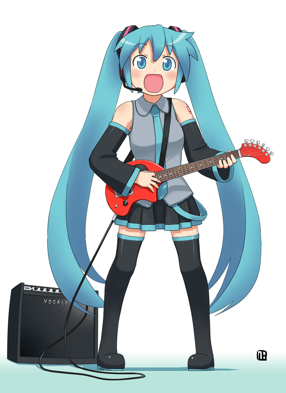 nagian, hatsune miku, vocaloid, highres, 1girl, amplifier, aqua eyes, aqua hair, black thighhighs, blue eyes, blue hair, blush, detached sleeves, female focus, full body, guitar, hair ornament, happy, instrument, long hair, matching hair/eyes, miniskirt, necktie, open mouth, pleated skirt, sidelocks, skirt, solo, standing, thighhighs, twintails, very long hair, zettai ryouiki