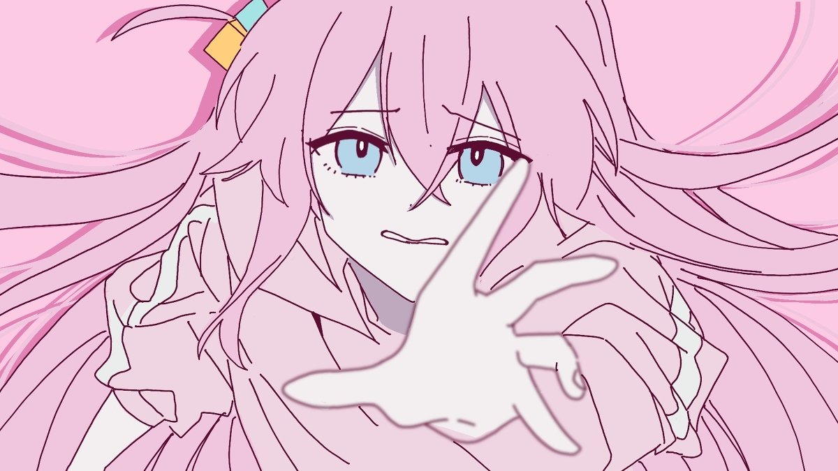 yunayuispink, gotoh hitori, bocchi the rock!, 1girl, blue eyes, cube hair ornament, drop shadow, hair ornament, hair spread out, long hair, pink background, pink hair, pink track suit, reaching, reaching towards viewer, side ahoge, simple background, solo, track suit