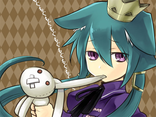 rakuto mangan, momomeno (7th dragon), princess (7th dragon), 7th dragon, 7th dragon (series), bad id, bad pixiv id, 1girl, biting, blue hair, crown, female focus, long hair, purple eyes, solo, stuffed animal, stuffed rabbit, stuffed toy, twintails