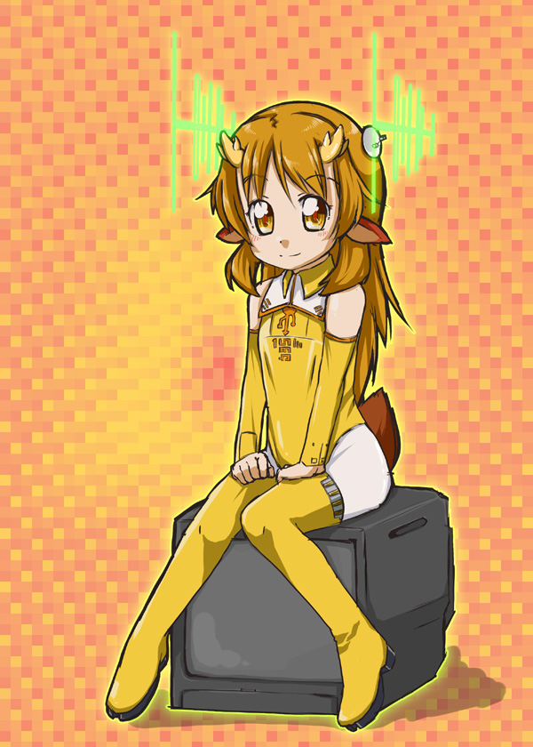 sterndorf, wansegu-chan, animal ears, antennae, blush, brown eyes, brown hair, child, detached sleeves, flat chest, horns, long hair, sitting, smile, solo, tail, television, thighhighs