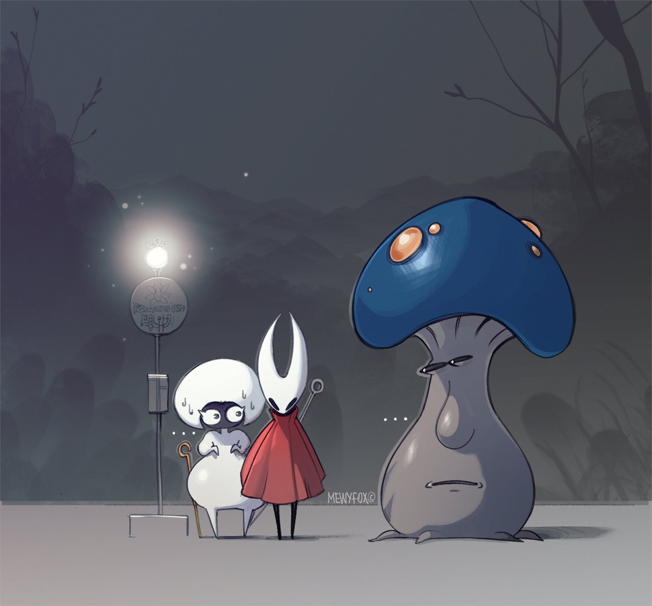 hornet (hollow knight), lace (hollow knight), hollow knight, hollow knight: silksong, character request, highres, …, 2girls, arthropod girl, artist name, black eyes, black skin, blank eyes, cloak, colored skin, full body, hollow eyes, horned mask, mask, mewyfox, multiple girls, needle (hollow knight), pin (hollow knight), red cloak, sideways glance, standing, sweat, totoro bus stop, weapon, white mask