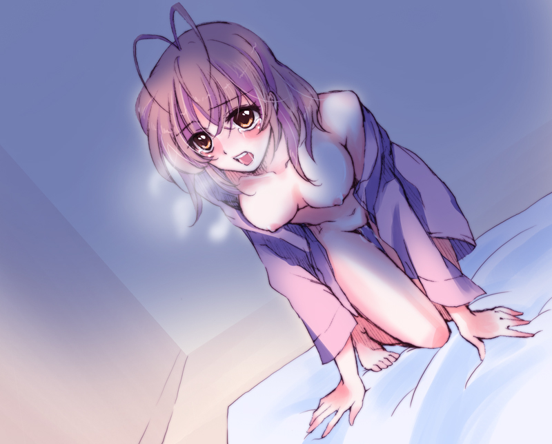 kisako, yuzuki kisa, furukawa nagisa, clannad, bad id, bad pixiv id, 00s, 1girl, all fours, antenna hair, barefoot, blush, bottomless, breasts, breath, brown hair, female focus, large breasts, off shoulder, open clothes, open shirt, pussy juice, shirt, short hair, sketch, solo, tears, yellow eyes