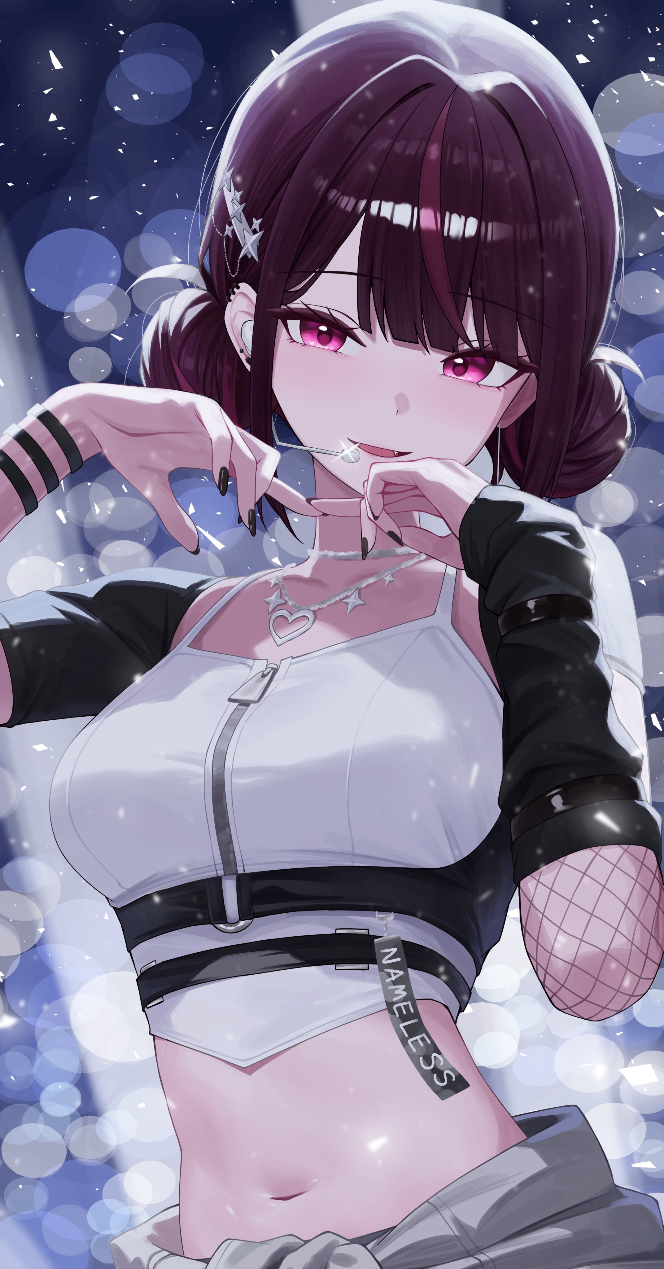 sei (0724sei6), jururu, waktaverse, absurdres, commentary, highres, 1girl, black nails, black shrug, blurry, bokeh, breasts, choker, crop top, depth of field, double bun, earpiece, fang, hair bun, hair ornament, hairclip, hands up, jewelry, looking at viewer, medium breasts, medium hair, midriff, multicolored hair, nail polish, navel, necklace, open mouth, purple eyes, purple hair, shirt, shrug (clothing), sleeveless, sleeveless shirt, smile, solo, stomach, streaked hair, upper body, virtual youtuber, white choker, white shirt, wristband, zipper pull tab