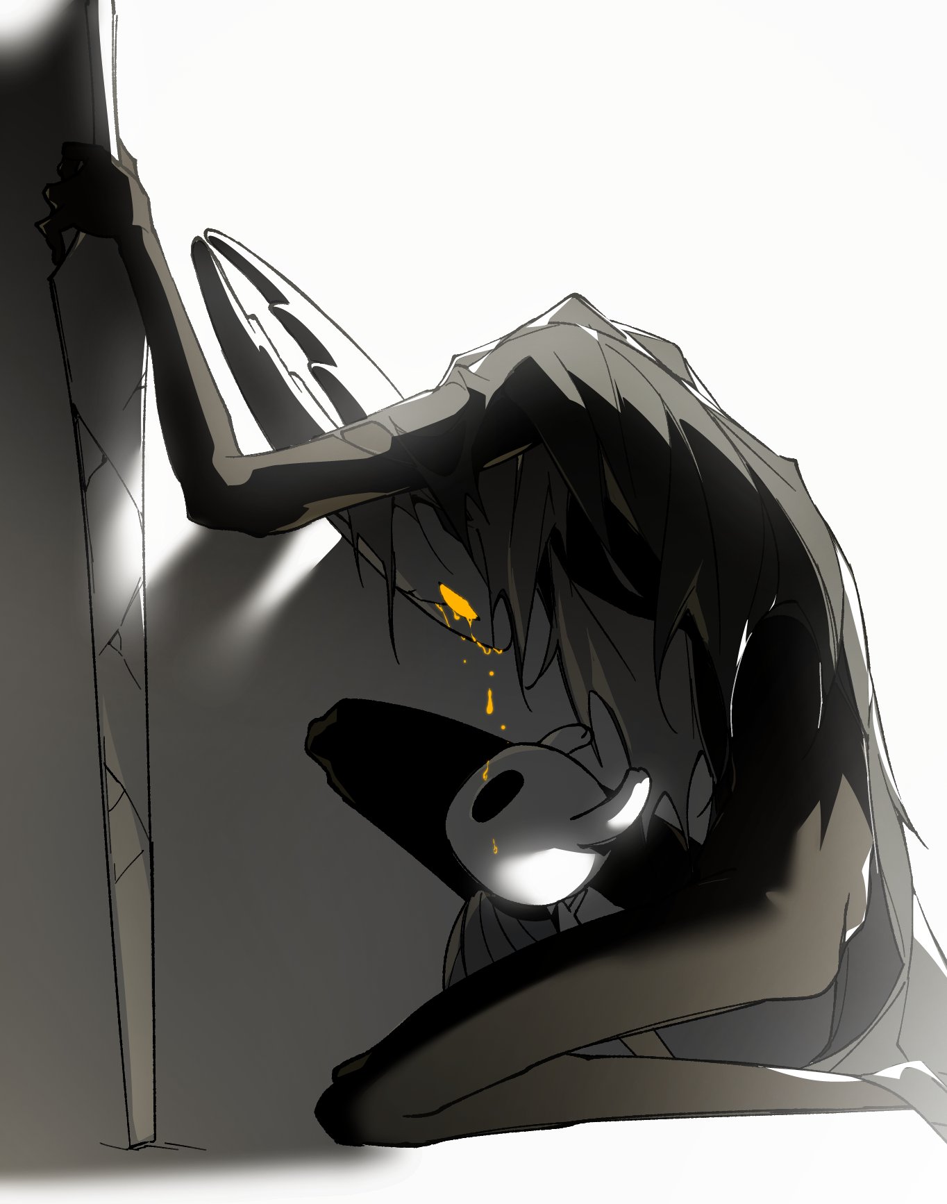 hollow knight (character), knight (hollow knight), hollow knight, commentary request, highres, 1boy, 1other, bamsot, black skin, cloak, colored skin, glowing, glowing eyes, grey cloak, holding, horns, looking up, nail (hollow knight), simple background, standing, weapon, white background, yellow eyes