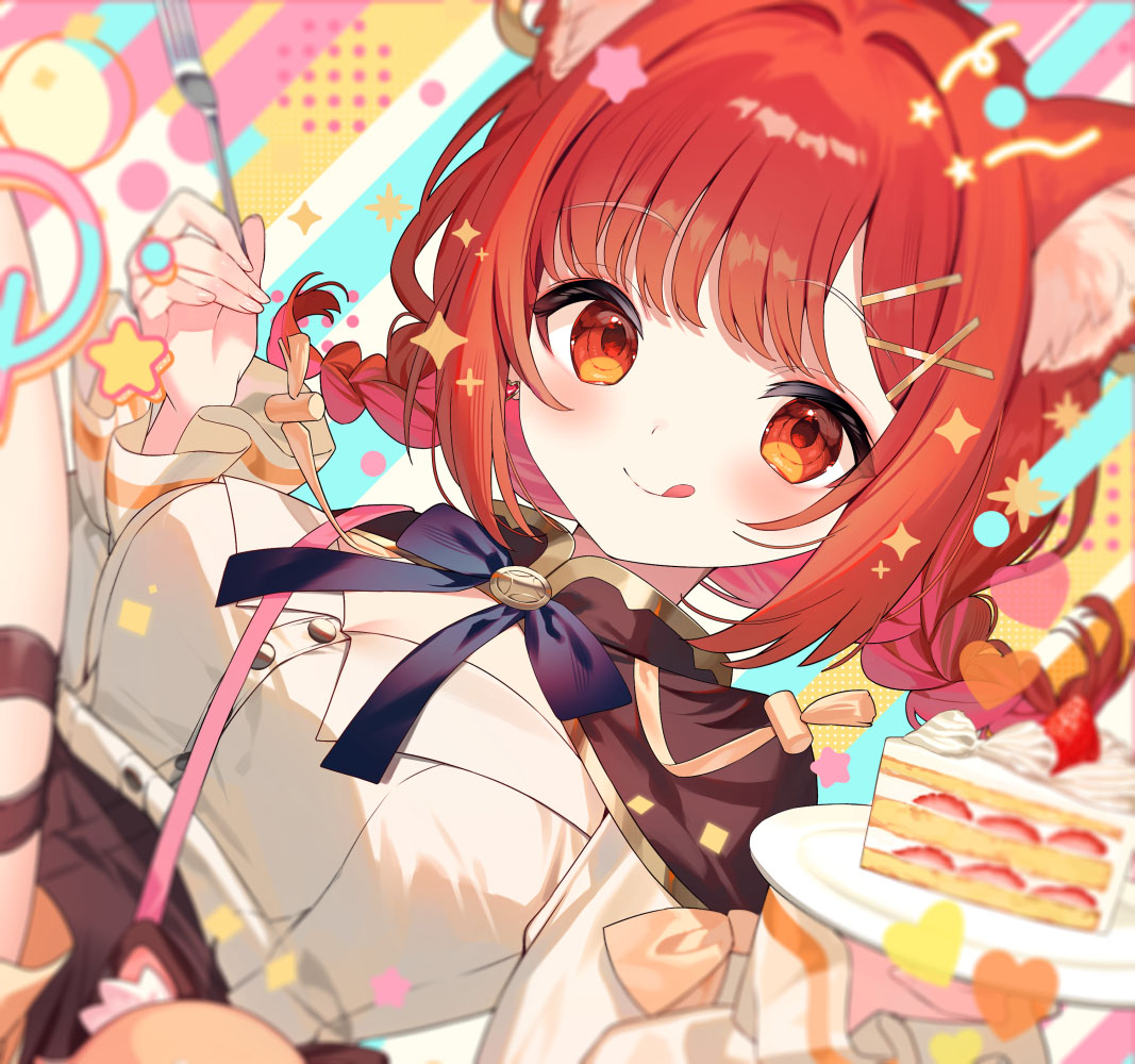 ayame (3103942), character request, copyright request, 1girl, :p, animal ears, blue ribbon, bow, braid, breasts, brown capelet, bustier, cake, capelet, cat ears, cat girl, close-up, food, fork, gold trim, gradient eyes, hair intakes, hair ornament, high collar, holding, holding fork, large breasts, light blush, long sleeves, multicolored eyes, neck ribbon, orange eyes, plate, red eyes, red hair, ribbon, shirt tucked in, short hair, sidelocks, simple background, smile, solo, star (symbol), strawberry shortcake, tongue, tongue out, twin braids, upper body, white bustier, x hair ornament, yellow bow