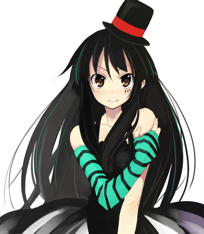 ushiki yoshitaka, akiyama mio, don't say "lazy", k-on!, 00s, 1girl, black hair, brown eyes, dress, female focus, fingerless gloves, gloves, hat, long hair, mini hat, mini top hat, smile, solo, striped clothes, striped gloves, top hat