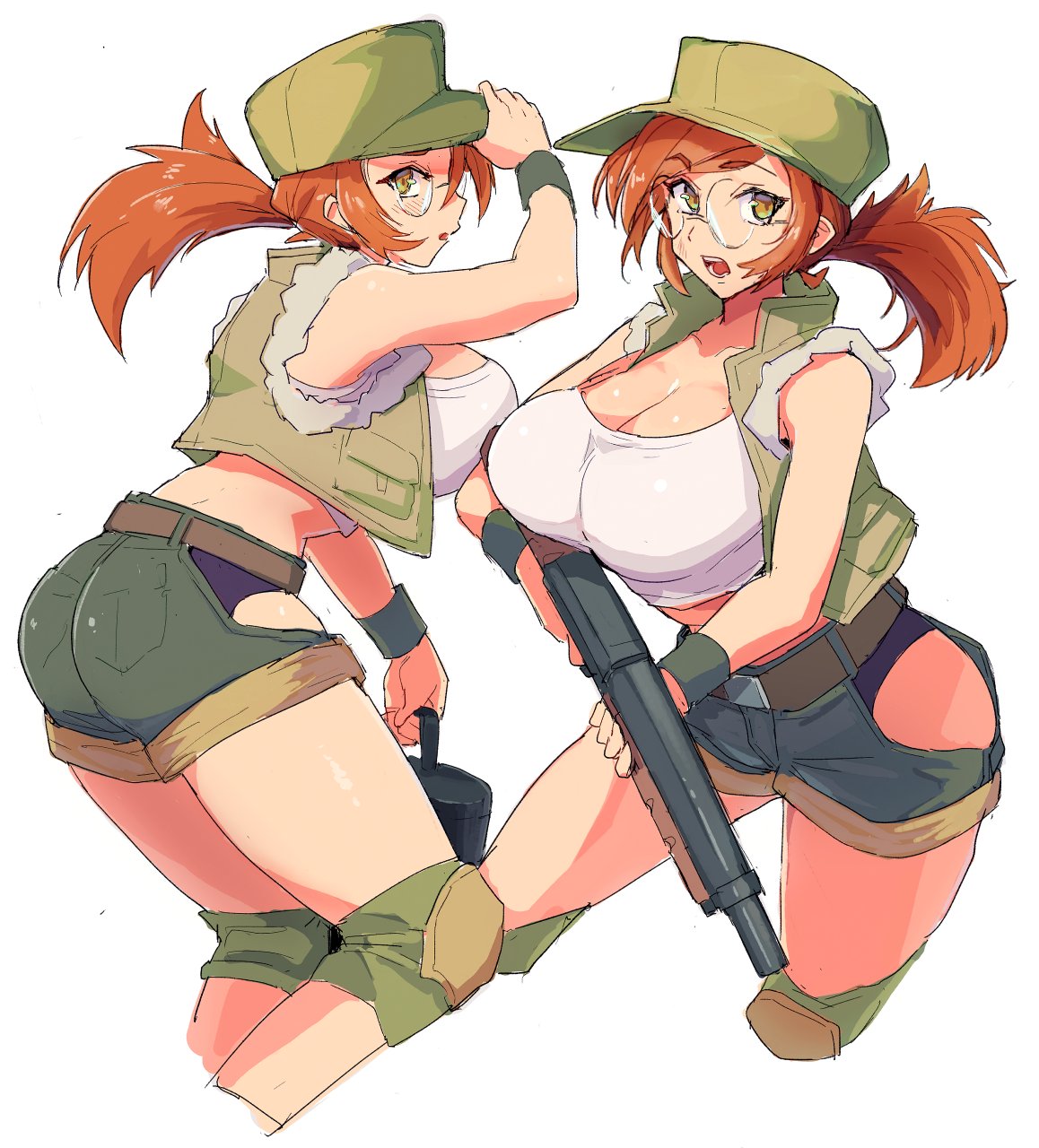 madsensei, fio germi, metal slug, 1girl, ass, bare shoulders, belt, breasts, brown hair, cleavage, cropped jacket, glasses, gun, hat, large breasts, long hair, shorts, sleeveless, weapon, white background