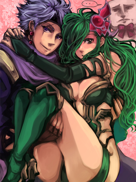 9wa, edward geraldine, rydia (adult) (ff4), rydia (ff4), whyt, final fantasy, final fantasy iv, final fantasy iv: the after years, bad id, bad pixiv id, 1990s (style), 1boy, 1girl, aged up, boots, breasts, bridal gauntlets, carrying, cleavage, couple, detached sleeves, green boots, green eyes, green hair, hair ornament, hair over one eye, hetero, hug, large breasts, long hair, princess carry, retro artstyle, scar, thighs