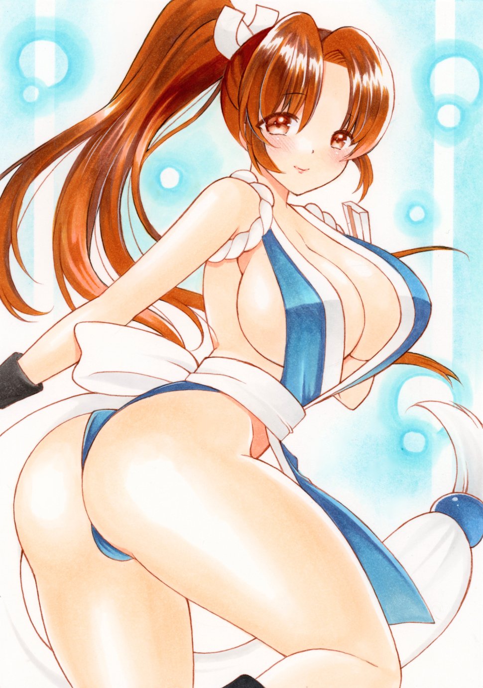 mitsugetsu suzu, shiranui mai, fatal fury, the king of fighters, 1girl, ass, bare shoulders, breasts, brown eyes, brown hair, from behind, hand fan, large breasts, long hair, looking at viewer, looking back, ninja, ponytail, sleeveless, thong