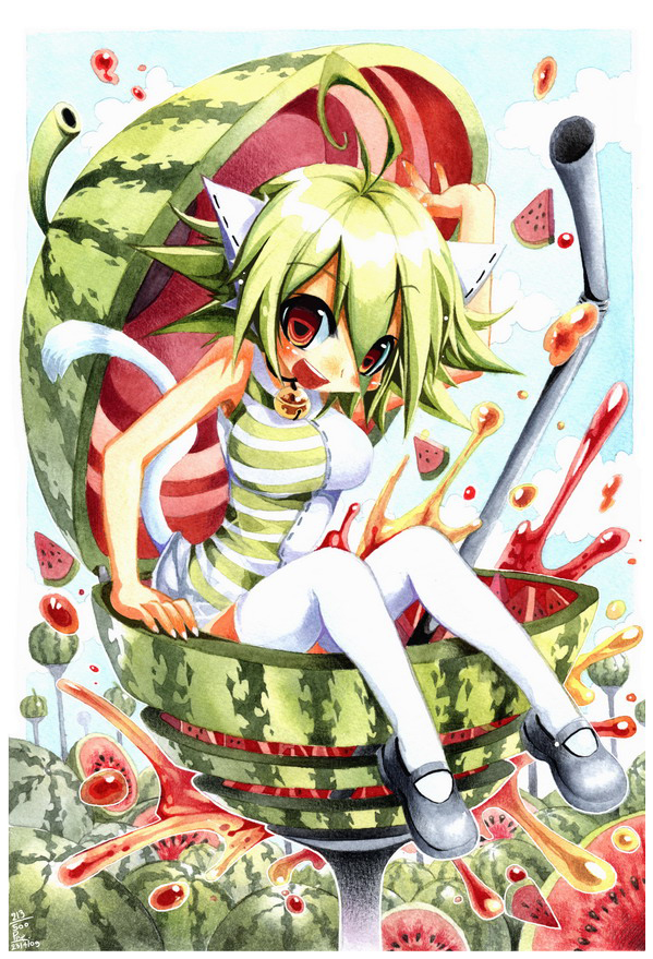 emperpep, traditional media, 1girl, :d, ahoge, animal ears, bell, blush, brown eyes, cat ears, cat tail, collar, drinking straw, female focus, food, fruit, green hair, in food, neck bell, open mouth, orange eyes, red eyes, smile, solo, tail, thighhighs, watermelon, white thighhighs