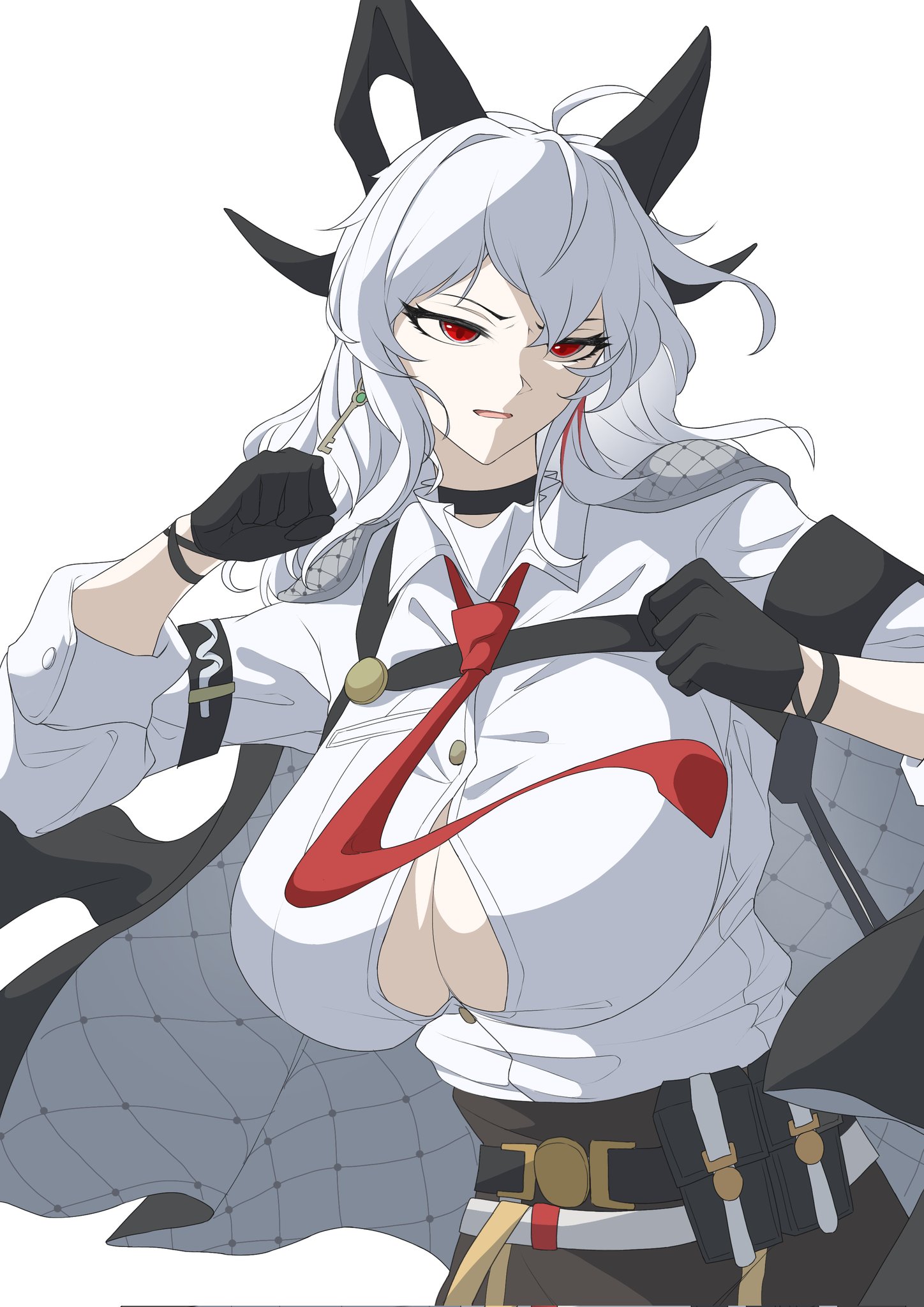 akaze07, zani (wuthering waves), wuthering waves, commentary, corrupted twitter file, highres, 1girl, black choker, black gloves, black horns, black jacket, breasts, button gap, chest harness, choker, collared shirt, cowboy shot, curled horns, gloves, harness, horns, huge breasts, jacket, jacket on shoulders, long hair, multicolored hair, necktie, parted lips, red eyes, red necktie, shirt, shirt tucked in, solo, streaked hair, white hair, white shirt