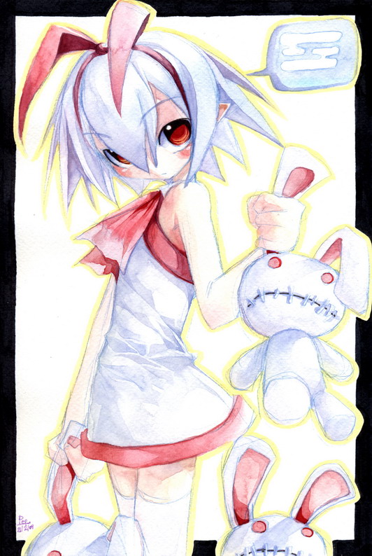 emperpep, pleinair, disgaea, original, painting (medium), traditional media, watercolor (medium), 1girl, blue hair, blush, female focus, rabbit, red eyes, sketch, solo, thighhighs
