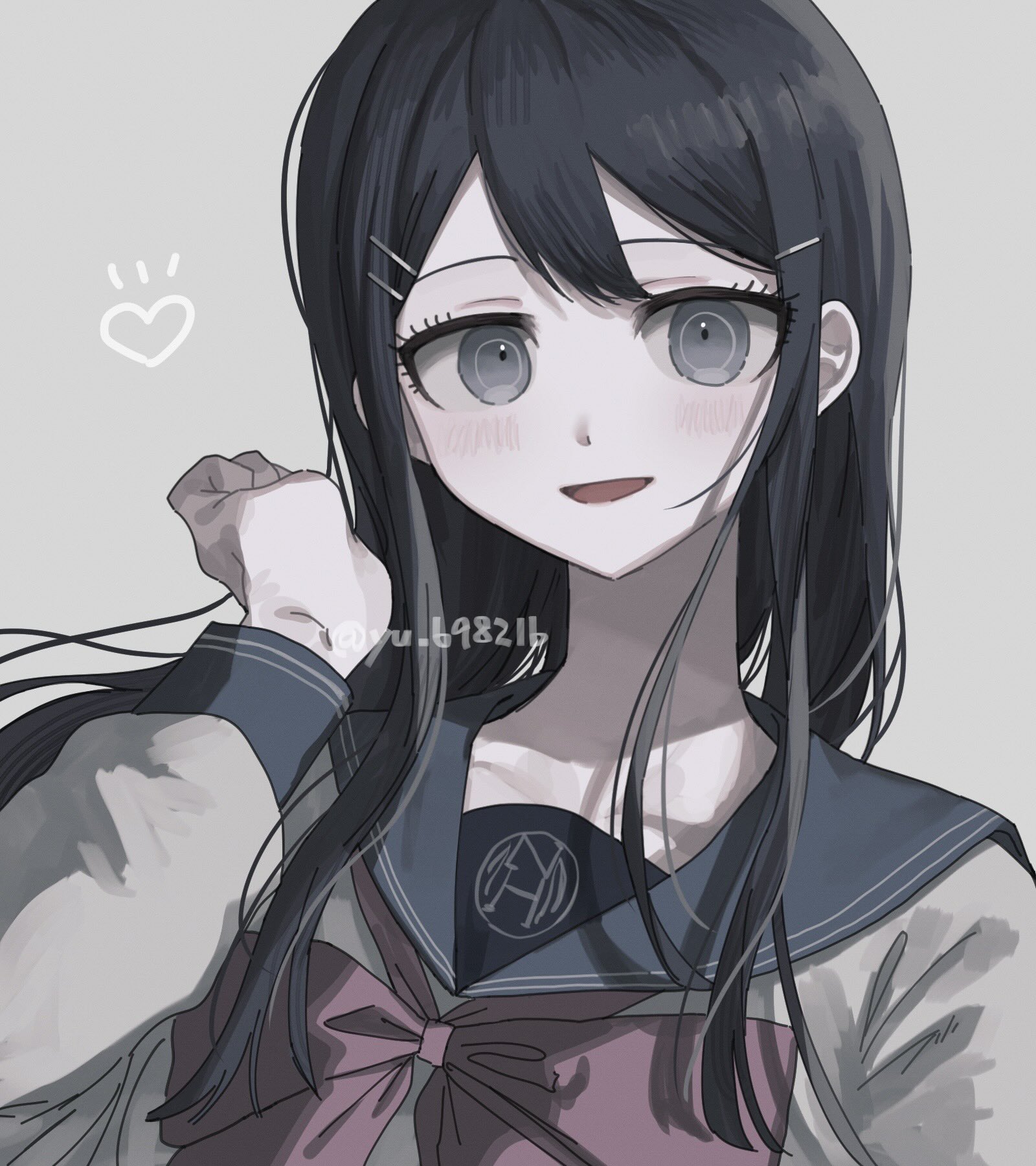 yu gi (yu 69821b), maizono sayaka, danganronpa: trigger happy havoc, danganronpa (series), highres, 1girl, :d, artist name, black hair, blue sailor collar, blush, bow, bowtie, collarbone, grey background, grey eyes, grey shirt, hair ornament, hairclip, hand up, long hair, open mouth, pink bow, pink bowtie, sailor collar, shirt, simple background, smile, solo, watermark