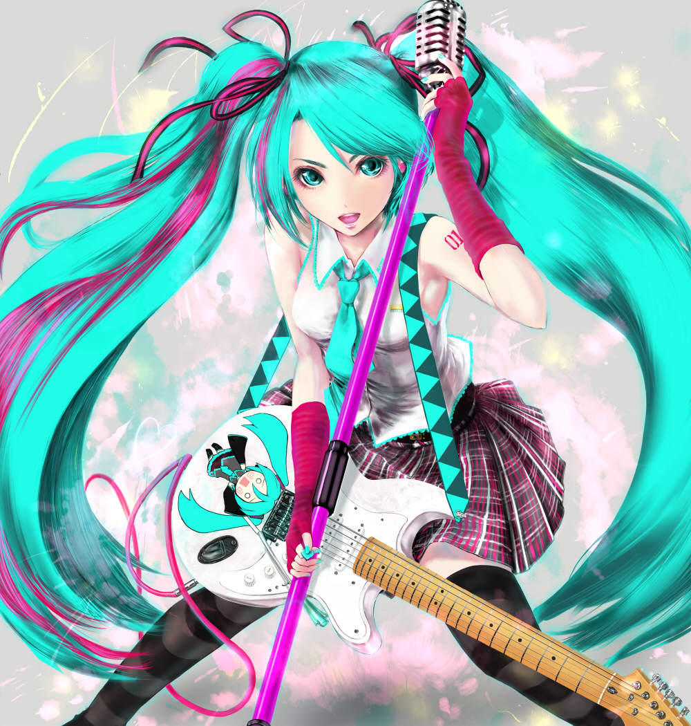 mamoru, mamoru (mamoru jinja), hachune miku, hatsune miku, vocaloid, 1girl, aqua eyes, aqua hair, aqua nails, cameo, elbow gloves, female focus, fingerless gloves, gloves, guitar, hair ornament, hair ribbon, instrument, legs, lips, long hair, microphone, microphone stand, miniskirt, multicolored hair, nail polish, necktie, open mouth, pink hair, plaid clothes, plaid skirt, pleated skirt, ribbon, sidelocks, skirt, solo, standing, striped clothes, striped thighhighs, thighhighs, twintails, two-tone hair, very long hair, zettai ryouiki