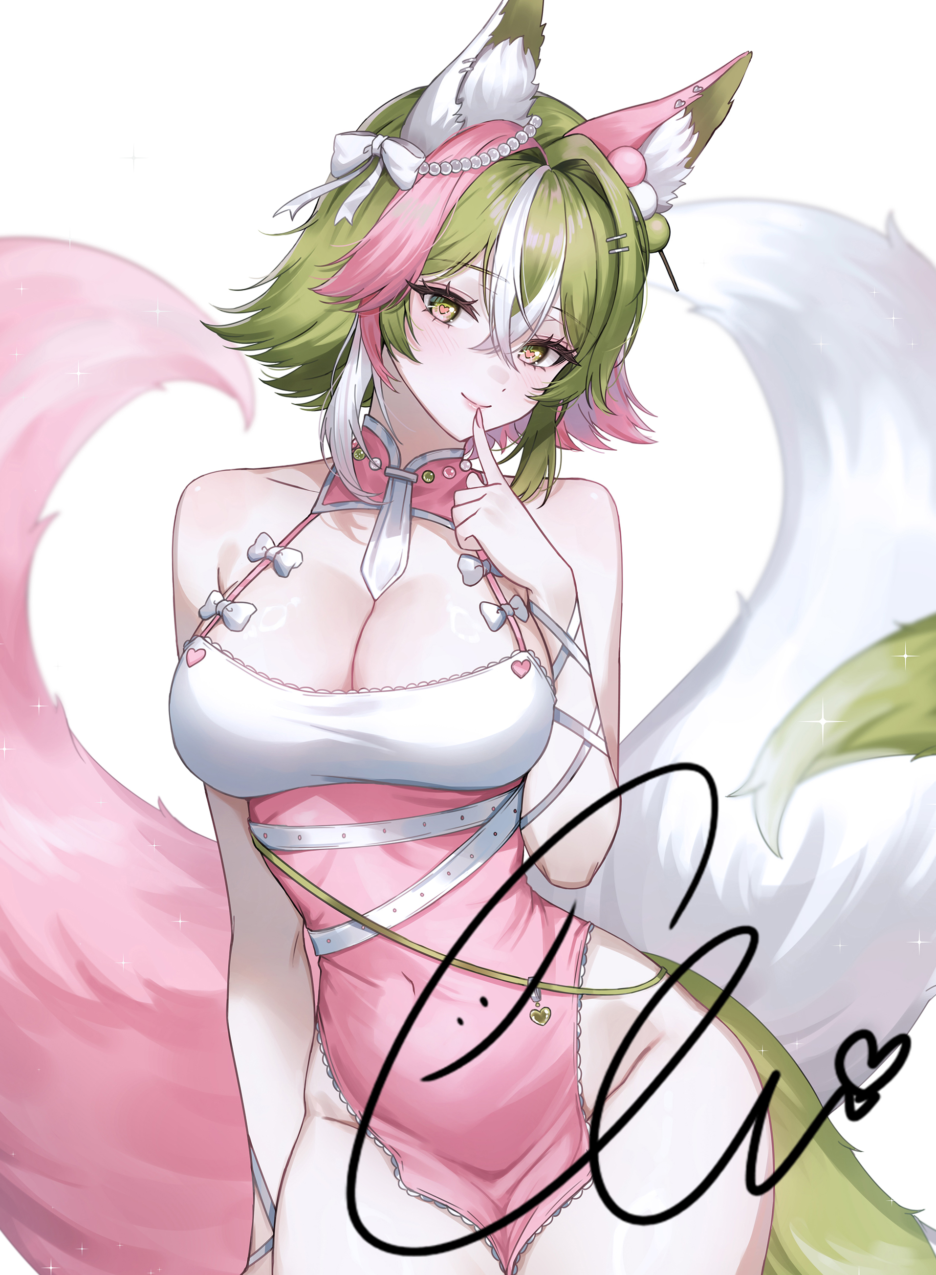 ella 7737, original, absurdres, commission, hashtag-only commentary, highres, vgen commission, 1girl, animal ears, bare shoulders, belt, breasts, cleavage, closed mouth, covered navel, cowboy shot, dress, finger to mouth, fox ears, fox girl, fox tail, green eyes, green hair, hand up, heart, heart-shaped pupils, large breasts, looking at viewer, multicolored hair, multiple tails, no panties, pelvic curtain, pink dress, short hair, sleeveless, sleeveless dress, smile, solo, symbol-shaped pupils, tail, two-tone hair, two tails