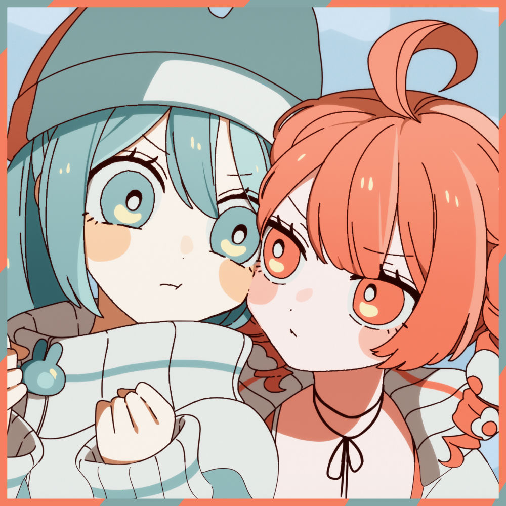 hatsune miku, kasane teto, synthesizer v, utau, vocaloid, 2girls, :t, ahoge, aqua eyes, aqua hair, hat, holding, long hair, multiple girls, orange eyes, tak drdr, twintails, upper body