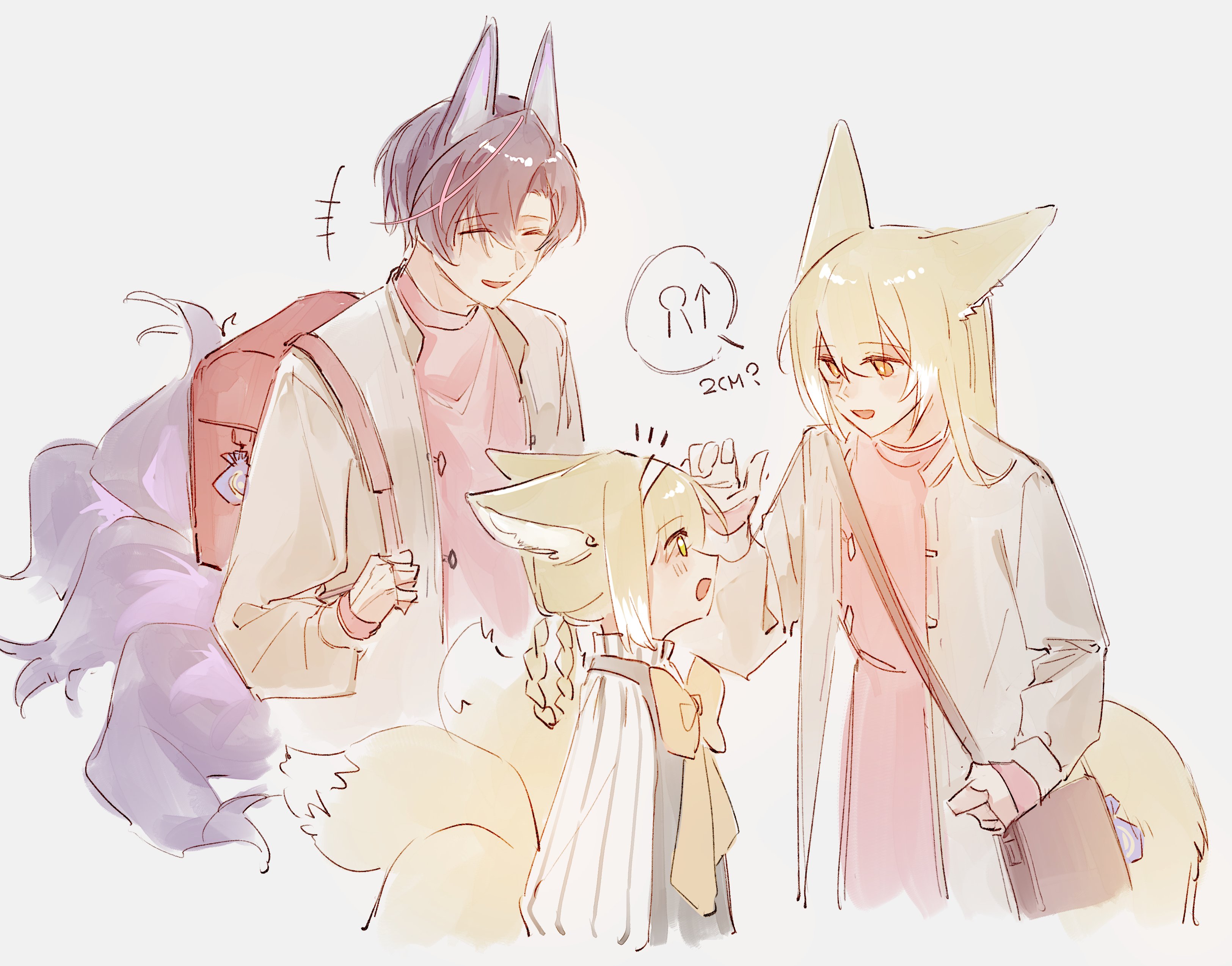 mucha 1232, suzuran's father (arknights), suzuran (arknights), vulpisfoglia (arknights), arknights, absurdres, commentary, hashtag-only commentary, highres, 1boy, animal ears, backpack, bag, blonde hair, family, father and daughter, fox ears, fox girl, fox tail, hairband, husband and wife, kitsune, kyuubi, mother and daughter, multiple tails, randoseru, tail