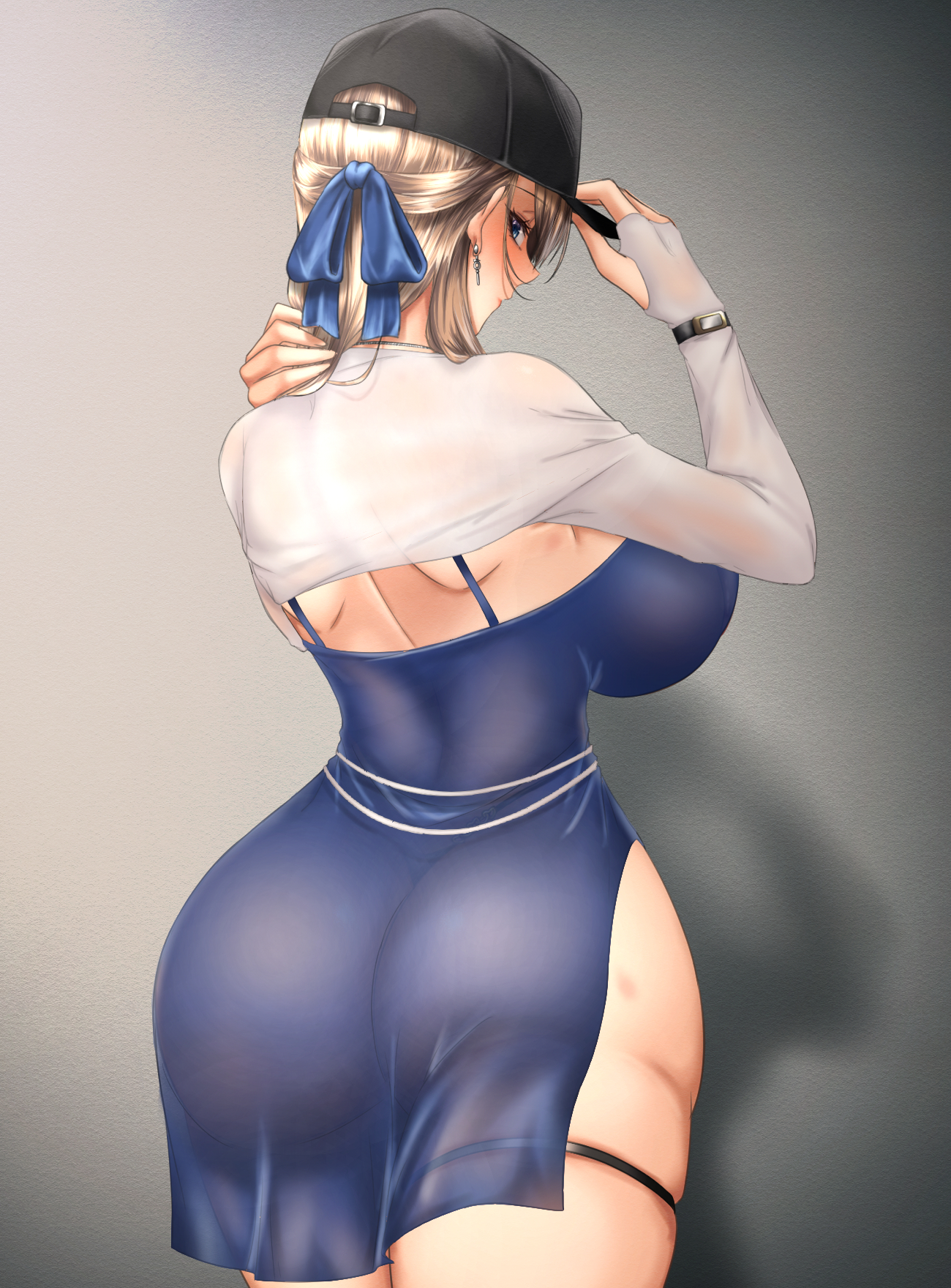 wilhelmina (brown dust), wilhelmina (water park queen) (brown dust), brown dust (series), brown dust 2, highres, 1girl, adjusting clothes, adjusting headwear, ass, baseball cap, black hat, black panties, blonde hair, blue dress, blue eyes, blue ribbon, bracelet, breasts, closed mouth, cropped legs, dress, from behind, hair ribbon, hat, huge breasts, hutatickle, jewelry, long hair, long sleeves, looking back, panties, ribbon, shadow, shirt, shoulder blades, solo, standing, thigh strap, underwear, white shirt